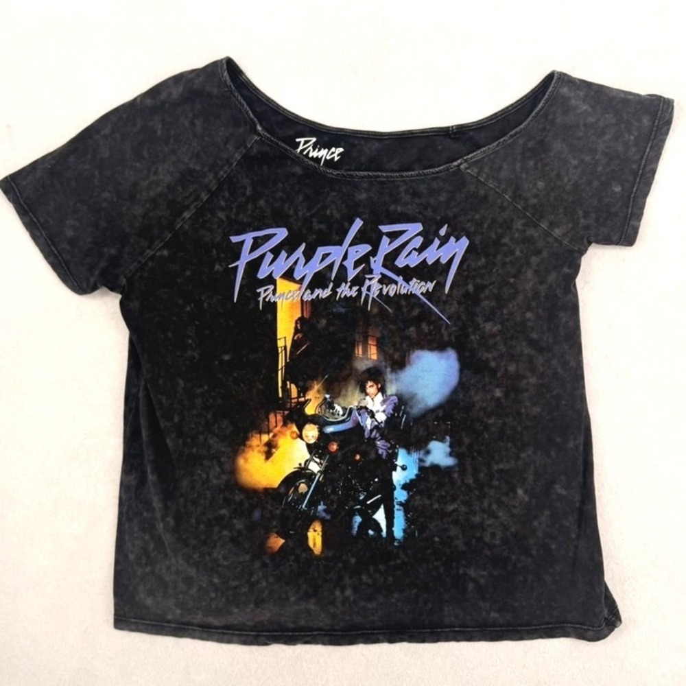 Prince Purple Rain Graphic TShirt Womens Mineral Wash Off Shoulder Size 10